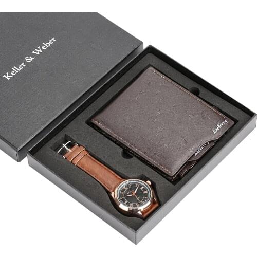 Men Watch Business Roman Number Leather Watch Band Quartz Wrist Watch High-capacity Soft Wallet Gift Set for Father Boyfriend