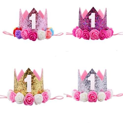 New Baby 1st Birthday Hat Glitter Crown Flower Head Hair Band Party Headwear Gift