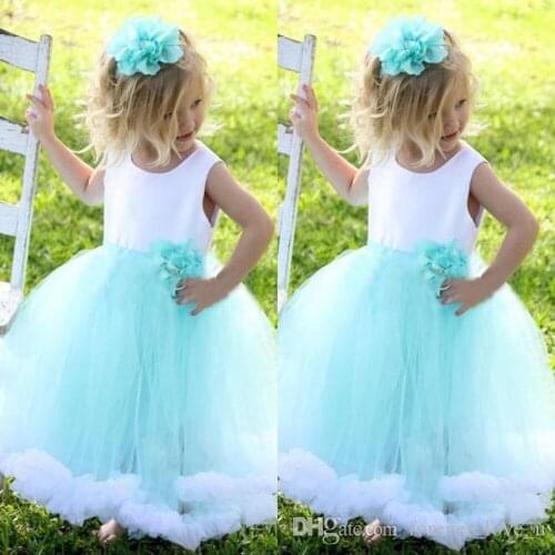 Adorable Flower Girl Dresses Gowns Puffy Little Girls Dress Special Occasion Formal Gowns White and Aqua Blue Handmade Flower Ru