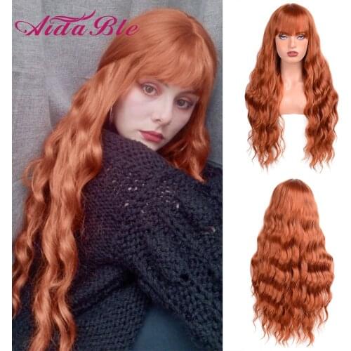 Long Orange Synthetic Water Wave Wig Cosplay Party Daily Synthetic Wigs for Women High Density Temperature Fibre Wigs with Bangs