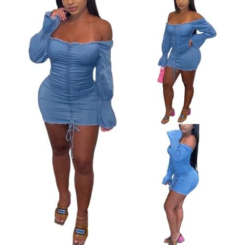 Sexy womens short dress, new fashion solid color line off shoulder flare sleeve long sleeve denim fabric blue tight skirt