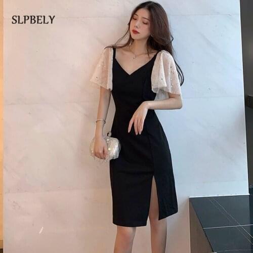SLPBELY French Womens Dresses Summer Elegant V Neck Black Split Short Sleeve Dress Party Midi Dress Casual Office Lady Sundress