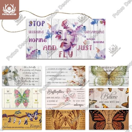 Putuo Decor Butterfly Wooden Hanging Sign Decorative Plaque Wood Plate for Home Family Garden Doorway Door Wall Art Decoration