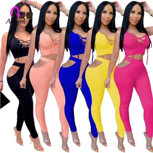Pink Fitness Women 2 Piece Set Lace Up Vest Crop Tank Top Hollow Out Sporty Pencil Pants Sexy Suit Home Casual Tracksuit Outfits
