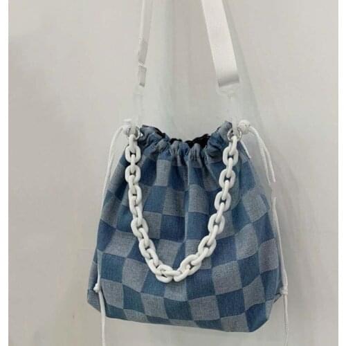 Shoulder Bag Womens Versatile Simple Denim Bag Portable Tote Bag Checkerboard Grid Fashion Messenger Bag Ladies Denim Bag