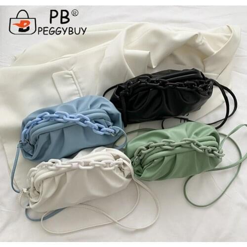 2021 Fashion Women PU Plush Shoulder Bag Ladies Chain Small Solid Color Cloud Handbag Solid Color Pleated Tote Bag