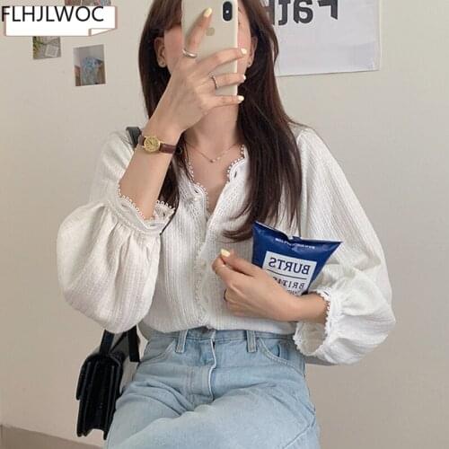 Ruffles White Lace Tops Blusas Hot Sales 2021 Autumn Women Cute Sweet Girls Casual Single Breasted Button Basic Shirts Blouses