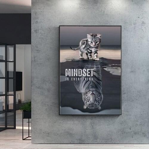 Animal Canvas Painting Cat and Tiger Mindset Is Everything Motivation Modern Canvas Wall Art Inspirational Quote Print on Canvas
