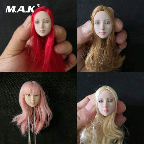 1/6 Cute Female Head Carving Round Pale Face Pink Hair Student Head Fit 12" Female Figure Body Toy