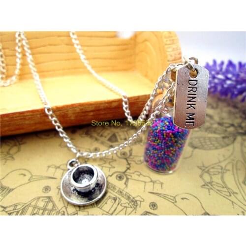 12pcs/lot Drink Me necklace alice in wonderland cup necklace 2ml glass bottle (inside:9 colors)