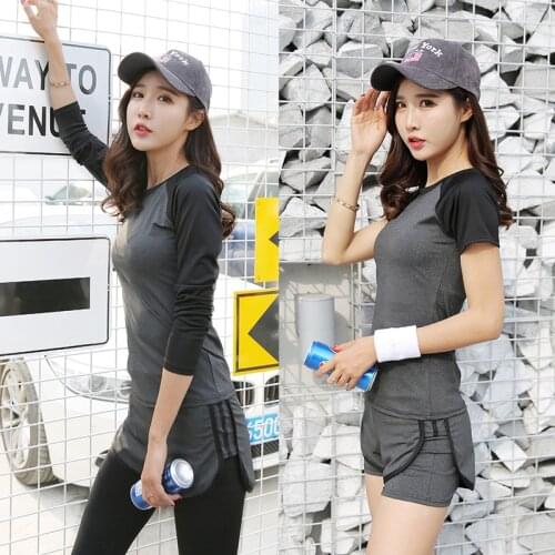 2pcs Dark Gray Black Yoga Shorts and Short Sleeve Shirt Workout Clothing Women Suit Solid Color High Waist Fitness Trainning Set