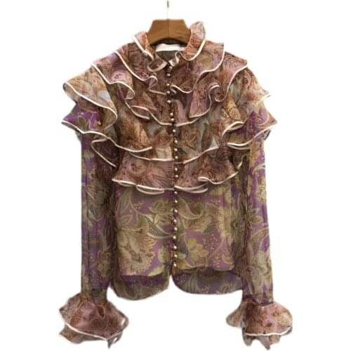 Custom 2021 new high-end lotus leaf layered stand-up collar organza silk shirt