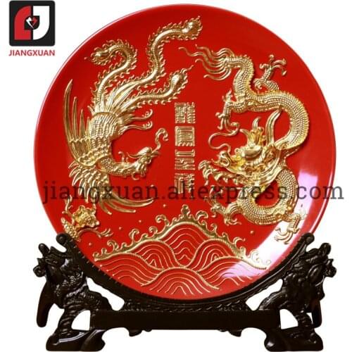 24k Gold coloring decorative plates 8 inch dragon and phoenix gold-plated red porcelain plate ancient handicrafts for wedding