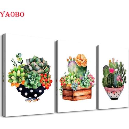 Cactus And Succulents DIY 5D Diamond Painting 3Pcs Full Drill Round Square Diamond Art Mosaic Embroidery Decor For New Year Gift