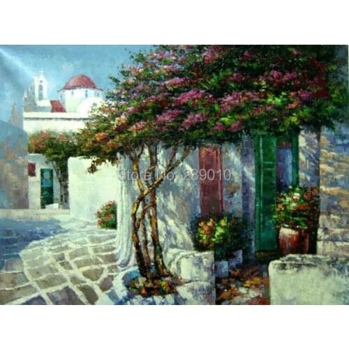 Free Shipping flowers Landscape canvas prints Oil Painting Mediterranean Sea Painting on canvas bougainvillea decoration picture