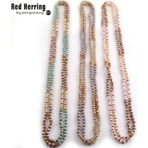 Free Shipping Fashion 6mm Glass Knotted Metal Spacer Multi Crystal Necklace