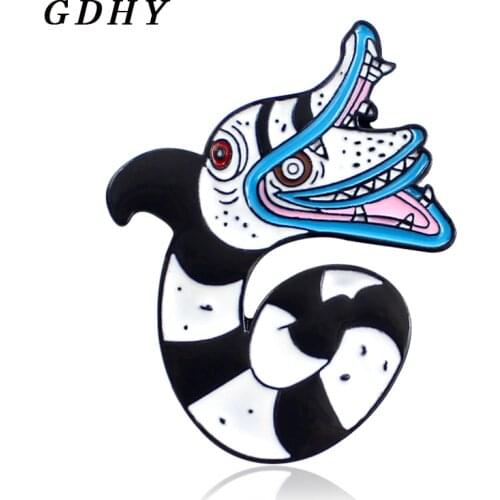 GDHY Snake Evil Creature Brooch Open Mouth Black White Snake Enamel Pins Denim Leather Badge For Kids Gifts Jewelry