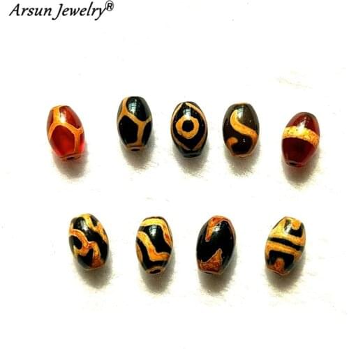 Agate Beads Black Earthen Gold Line DZI 8*12mm Double Tiger Teeth 2 Eyes Lotus 3pcs/Lot Men&Women Jewelry DIY Free Shipping