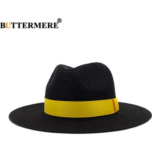BUTTERMERE Panama Hat Stylish Black Sun Hats for Women Men Straw Jazz Fedora Hat Summer Beach Trilby British Style Wide Brim Hat