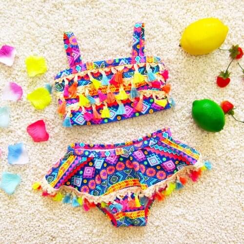 2020 Tassel Baby Swimsuit 2 Pieces Geometric Girls Bikini Sets Outdoor High Waisted Bathing Suits Sport Children Beach Wear