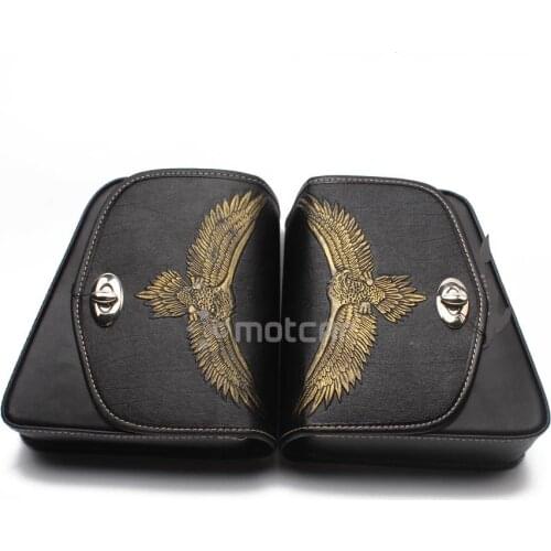 For Harley Sportster XL883 1200 Honda Suzuki Motorcycle Black PU Leather Eagle Logo Tool Bag Luggage Left+Right Side Saddle Bag