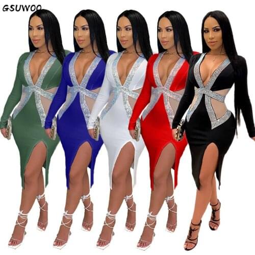 Gsuwoo Sexy Diamonds Sheer Mesh Patchwork Evening Party Long Dress Women Elegant Long Sleeve Split on Dresses Plus Size Vestidos