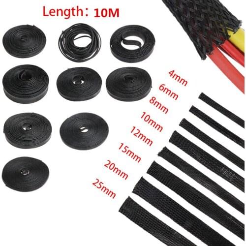 10M Insulation Braided Sleeving 2/4/6/8/10/12/15/20/25mm Cable Sleeve black Wire Protection PET Cable Sleeves wire cable