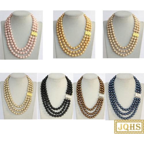 JQHS Genuine 17"-19"" 3row 10mm round black blue pink coffee champagne golden south sea shell pearls necklace 18KGP clasp j13050