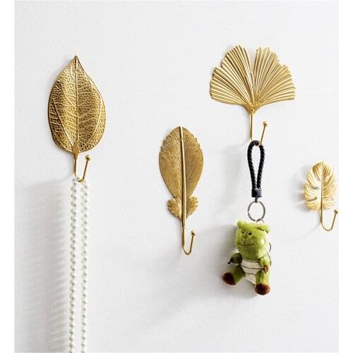Nordic Leaf Shape Hook Creative Golden Coat Rack Adhesive Holder Wall Coat Key Bags Hanger Free-hole Home Wall Hanging Decor