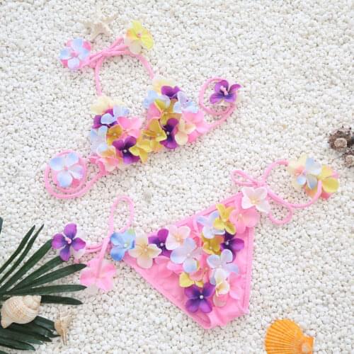 Handmade Floral Swimsuit For Girls Two Piece Children Swimwear 2019 Kids Pink Swim Suit Cute Halter Baby Beachwear 2-10 Years