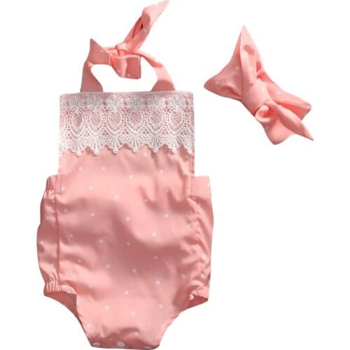 Cute Newborn Baby Girl Romper 2017 Summer Pink Infant Bebes Lace Sunsuit Backless Halter Jumpsuit+Headband Outfits Children Suit