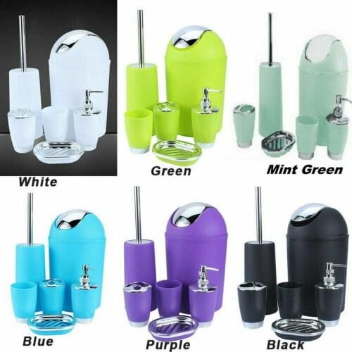 6Pcs Bathroom Accessories Set Toothbrush Holder Soap Dish Dispenser Pump Toilet Brush Lotion Bottles Trash Can Bath Decoration