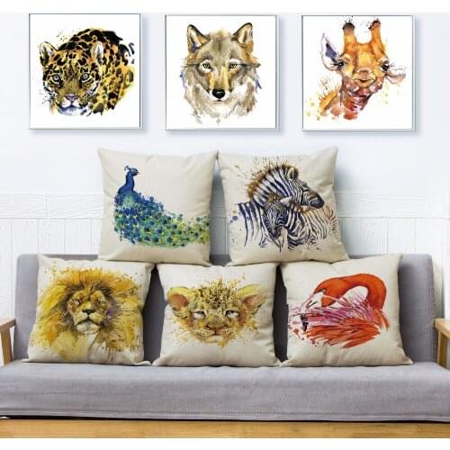 Watercolor Animals Flamingo Lion Print Pillow Cover 45*45cm Cushion Cover Linen Throw Pillows Cases Home Decor Cushion Covers