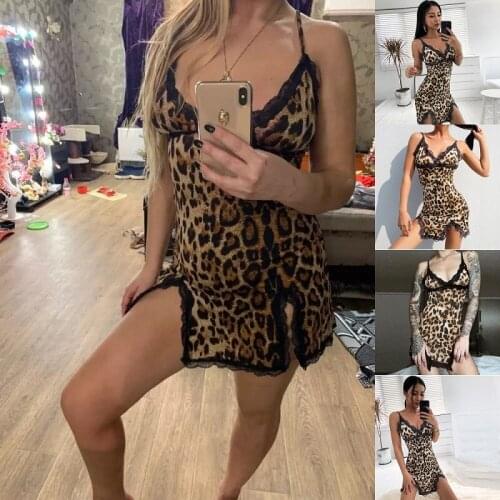 Sexy Leopard Women Night Dress Sleep Wear Lingerie Sling Nightdress Mini Nightgown Summer Female Homewear Lace Nightwear
