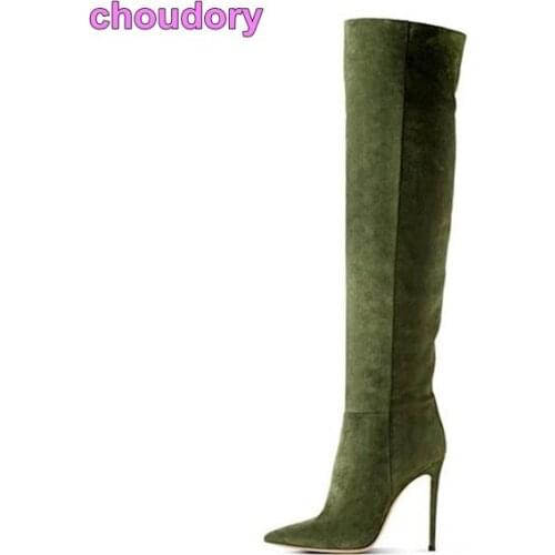 2017 new arrival women Chic army green thigh high boots suede leather stiletto heel pointed toe shoes simple elegant boot