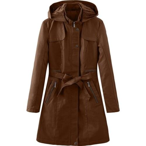 Winter coat pocket zipper coat sturdy and wear-resistant Pu ladies slim coat mid-length plus fleece hooded windbreaker jacket