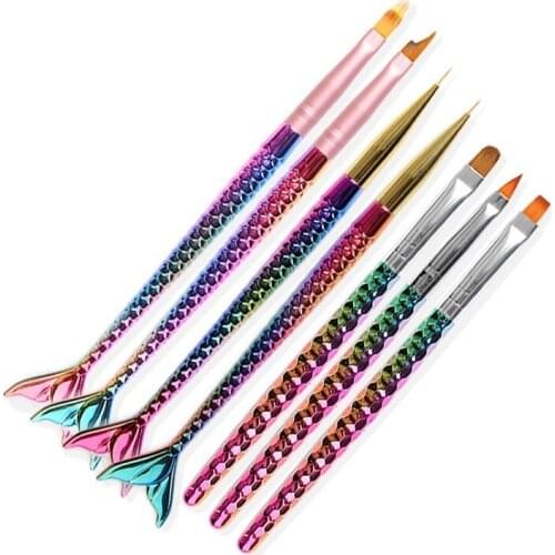 Mermaid Rainbow Fish Tail Brush Sculpture Dotting Tool Nail Art Line Painting Liner Stripe Shape Drawing Manicure Pen Nail Brush