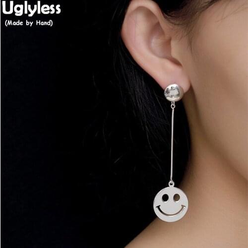 Uglyless Smiley Face Earrings for Women 100% Genuine Solid 925 Silver Fine Jewelry Handmade Designer Korean Long Earrings Round