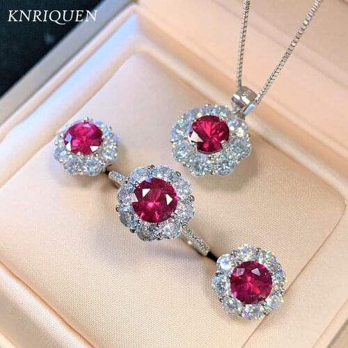 Vintage 100% Solid 925 Sterling Silver Ruby Gesmtone Pendant/Necklace/Earrings/Ring Fine Jewelry Set for Women Anniversary Gift