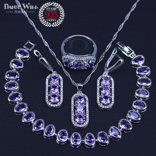 Silver Color Bridal Jewelry Purple Crystal & Zircon Jewelry Sets For Women Earrings/Pendant/Necklace/Rings/Bracelet