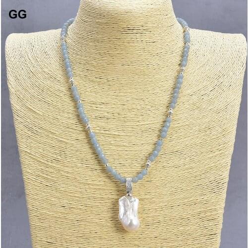 GuaiGuai Jewelry 19" Natural 6mm Blue Angelite Necklace Cultured White Keshi Pearl Pendant