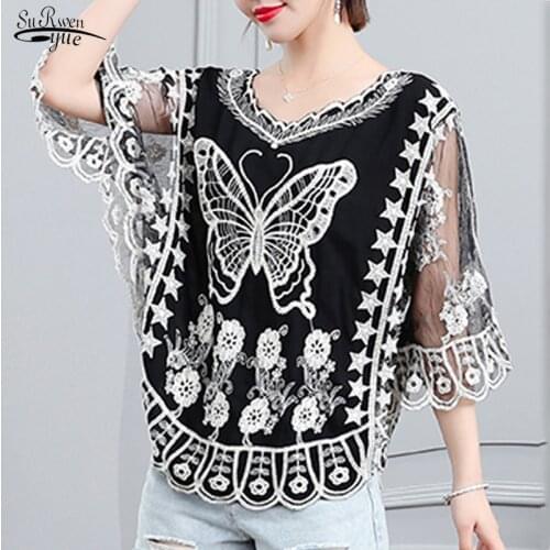 New Spring Summer Embroidery Lace Blouse Flare Sleeve Hollow Out Women Shirt O-Collar Casual Female Tops Ladies Clothing 4506 50