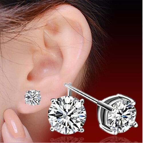 ANENJERY 925 Sterling Silver Classic Fashion 4mm 5mm 6mm Four Claws Zircon Stud Earrings For Women Men Gift Oorbellen S-E307