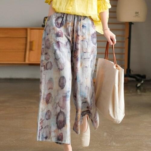 FairyNatural 2021 Ladies Wide Leg Print Linen Pants Casual Female Elastic Waist Loose Retro Elegant Trousers Ankle-Length