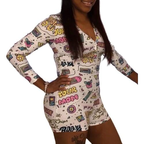 Women Print Playsuit Casual One-Piece Home Chic Bodysuits Summer Cartoon Long-Sleeved Jumpsuit Female Sexy Plus Size Leotard