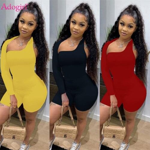 Adogirl Women Solid One Shoulder Long Sleeve Playsuit Casual Sexy Shorts Jumpsuit Women Fitness Tracksuit Romper Onesies