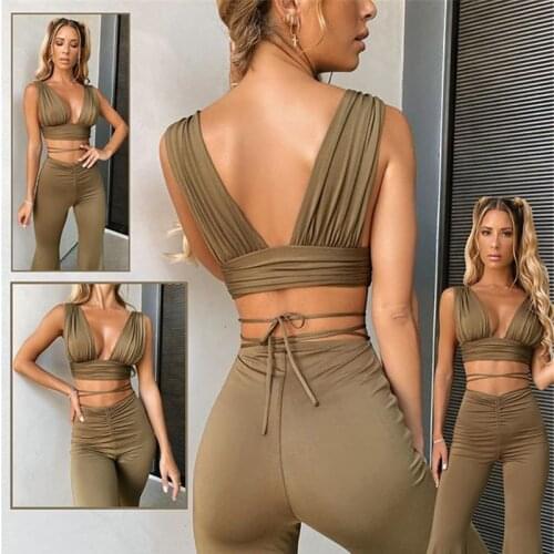 Autumn Newest Women Sexy Set Deep V-Neck Pleated Sleeveless Bandage Bra + High Waist Draped Bodycon Flare Pants Outfit For Party