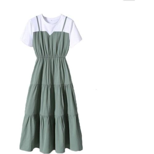 Womens 2021 Summer Fake Two-piece Waist Dress Fashion O-neck Short Sleeve Dress F700