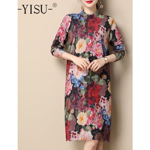 YISU Winter Women Dresses Half turtleneck Flowers Printing Knitted pullover Dress Long sleeve Warm Female Jumper Dresses Thick