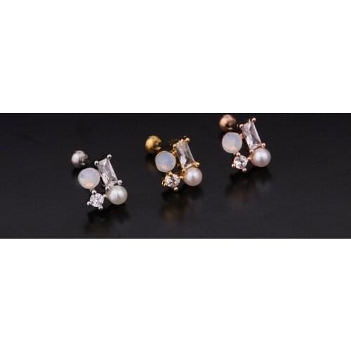 1 PCS Cute Small Micro Pave CZ Geometric Piercing Ear Bone Cuff Stud Earrings Screw Piercing Stainless Steel Bar Ball Earrings